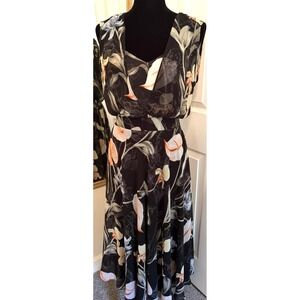 WHBM Dress size 8 Midi Black floral Whimsy Shear Fairy Over lay tank Cocktail